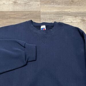 Vintage Y2K Russell Athletic Navy Blue Mens L Blank‎ Fleece Pullover Sweatshirt